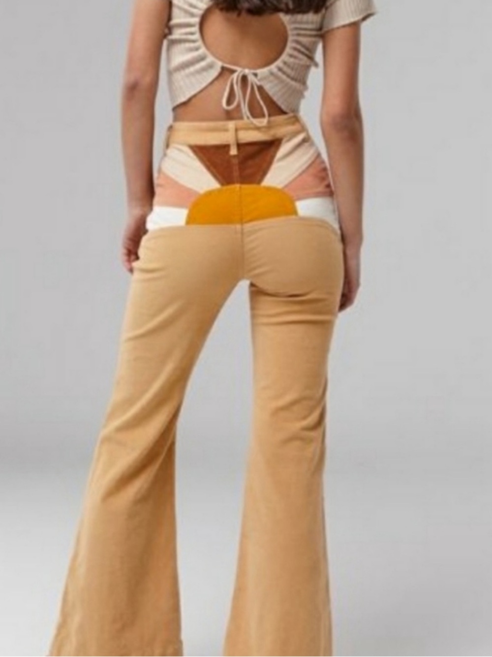 Ghanda Tan Flare Pants with Retro Panel Detail